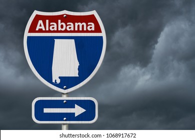 Road trip to Alabama, Red, white and blue interstate highway road sign with word Alabama and map of Alabama with stormy sky background 3D Illustration