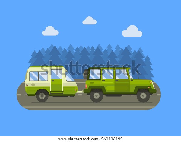 Road trip background with camping trailer and\
SUV driving on forest area. Family auto travel landscape. RV\
trailering concept\
landscape.