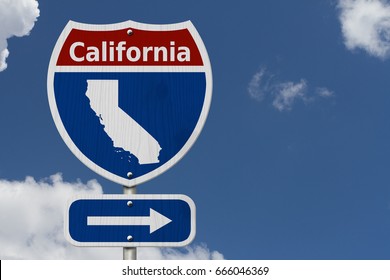 Road Trip To California, Red, White And Blue Interstate Highway Road Sign With Word California And Map Of California With Sky Background 3D Illustration