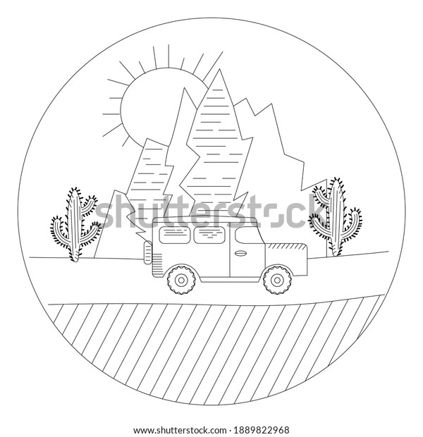 Road trip. Car, mountain, cactus in\
a linear\
style.\
Illustration.