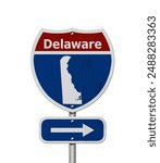 Road trip to Delaware, Red, white and blue interstate highway road sign with word Delaware and map of Delaware isolated over white 3D Illustration 