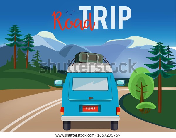 Road trip.\
Moving car on the road summer landscape background countryside\
adventure cartoon\
illustration