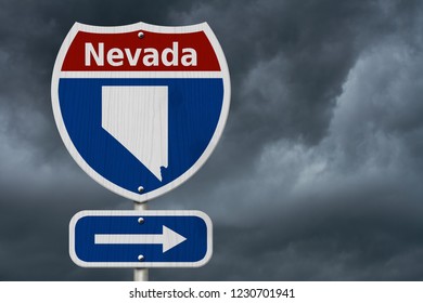 Road trip to Nevada, Red, white and blue interstate highway road sign with word Nevada and map of Nevada with stormy sky background 3D Illustration