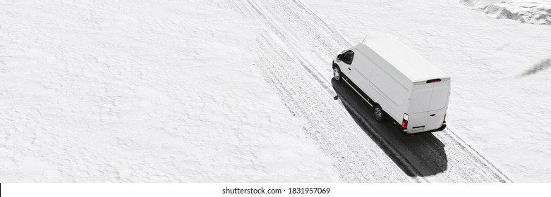 Road In Winter With Snow And Delivery Van From Haulage Company Or Parcel Service (3d Rendering)