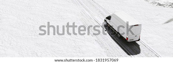 Road in winter with snow and\
delivery van from haulage company or parcel service (3d\
rendering)