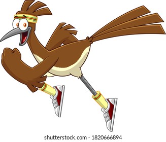 Roadrunner Bird Cartoon Character Jogging. Raster Illustration Isolated On White Background