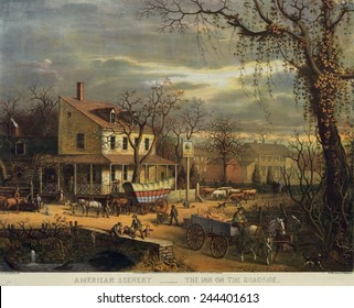Roadside Inn at a busy crossroads in rural America. Traffic includes horses cows a Conestoga wagon and a man drives a cart hauling slaughtered pigs. 1872.