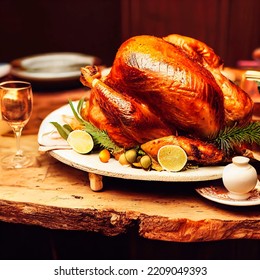 Roast chicken or turkey with oranges, rosemary and cranberries on the Christmas table. Top view with copy space. - Powered by Shutterstock