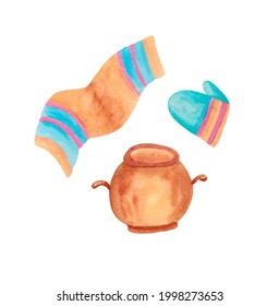 Roast Pot, Tea Towel And Oven Mitt. A Set Of Kitchen Items. Objects Are Isolated On A White Background. The Illustration Is Drawn In Watercolor By Hand.