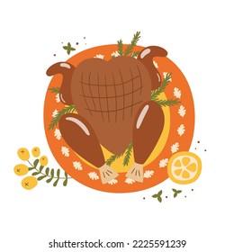 Roast Turkey chicken the plate and herbs   lemon for Thanksgiving dinner  Thanksgiving turkey food hand drawn in cute cartoon style  Top view food illustration  Turkey isolated element 