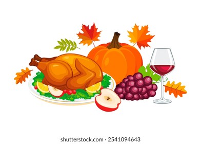 Roast turkey, glass of wine, grape, pumpkin and autumn leaves illustration. Autumn food and drink still life icon set isolated on a white background. Thanksgiving dinner group of object illustration - Powered by Shutterstock