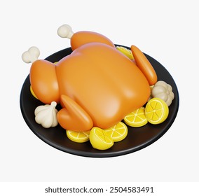 Roasted Christmas turkey bird lying on black plate with garlic and lemon slices isolated on white background. Gourmet delicious food icon. 3d rendering. - Powered by Shutterstock