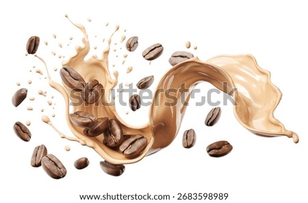 Roasted coffee beans floating in a splash of brown coffee liquid 3d illustration.