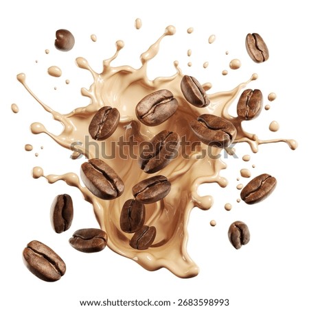 Roasted coffee beans floating in a splash of brown coffee liquid 3d illustration.