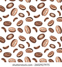 Roasted coffee beans. Seamless pattern. Watercolor hand drawn illustration. Arabica and Robusta sort Ingredient for aromatic invigorating drink. Template for food design, wallpaper, textile, packaging