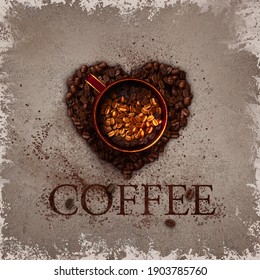 Roasted dark coffee beans stacked in heart shape, red cup with golden beans, pastel brown background, 3d rendering, top view - Powered by Shutterstock