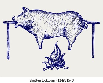 Roasted pig. Doodle style. Raster version