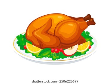 Roasted turkey with garnish on a plate illustration. Thanksgiving roast turkey meat with garnish icon isolated on a white background. Whole roasted turkey or chicken drawing - Powered by Shutterstock