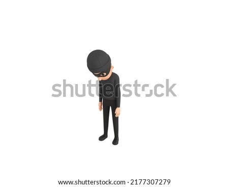 Robber character looking down in 3d rendering.