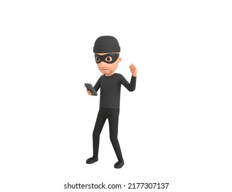 Robber Character Looking His Phone And Doing Winner Gesture With Fists Up In 3d Rendering.