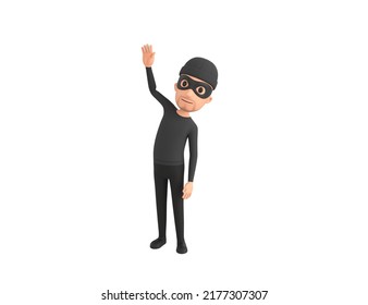 Robber Character Raising Right Hand In 3d Rendering.