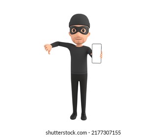 Robber Character Show His Phone And Give Thumb Down In 3d Rendering.