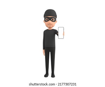 Robber Character Showing His Phone In 3d Rendering.