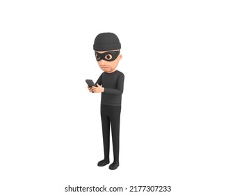 Robber Character Types Text Message On Cell Phone In 3d Rendering.