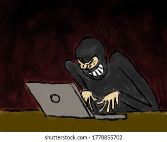 Robber hacking computer. Cartoon painting style. 