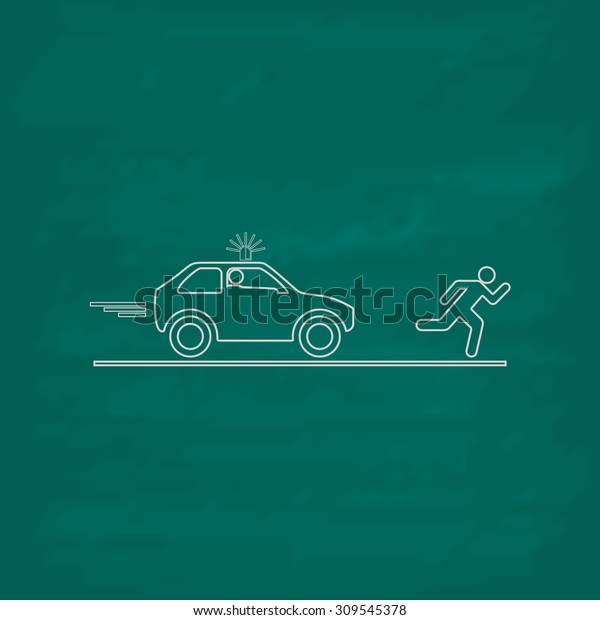 Robber and police car. Outline icon.\
Imitation draw with white chalk on green chalkboard. Flat Pictogram\
and School board background. Illustration\
symbol