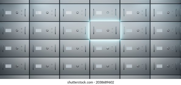 Robbery Alarm In Bank Vault. Deposit Safe Boxes Wall, One Locker Illuminated With Blue Light, Concept Of Steal Or Finance Crime. Metal Steel Closed Doors For Secure Storage Valuables, Money, 3d Render