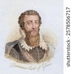 Robert Devereux, 2nd Earl of Essex, Viscount Hereford, Lord Ferrers, Lord Bourchier, 1567, 1601. English soldier, military hero and courtier. From the book Crabbs Historical Dictionary, published 1825