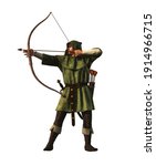 Robin Hood the outlaw archer of medieval England draws back and arrow.  This legendary hero of folklore  is clad in green and is armed with sword and long bow. 3D rendering.