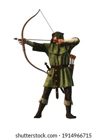 Robin Hood the outlaw archer of medieval England draws back and arrow.  This legendary hero of folklore  is clad in green and is armed with sword and long bow. 3D rendering.