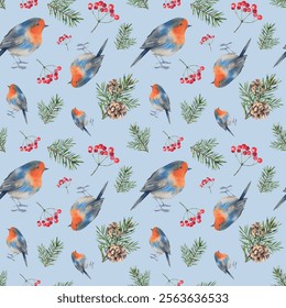 Robin with rowan berries and pine branches. Seamless pattern with forest birds and plants. Watercolor illustration hand painted. New Year and Christmas celebrations. A template for decoration.