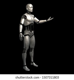robot, android presenting an empty space, isolated on black background (3d illustration)
