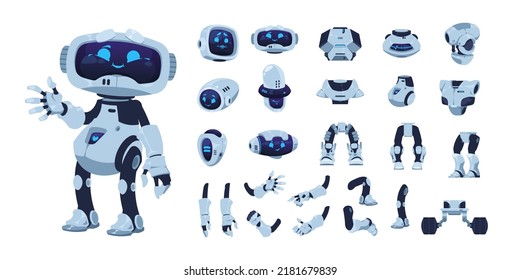 Robot Animation Set. Cartoon Android Character With Artificial Intelligence, Various Heads Legs Arms And Body.  Cute Futuristic Robot. Modern Futuristic Technology Kit, Smart Bot