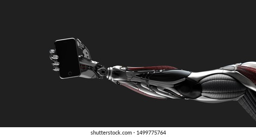 Robot arm holding iphone on flat background 3d render