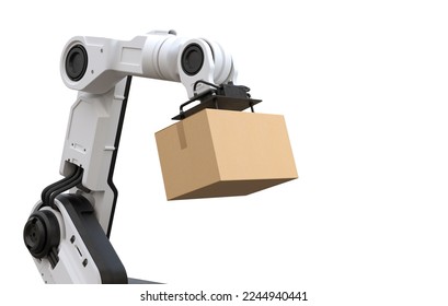 Robot arm lifting a cardboard box on white background. 3D illustration