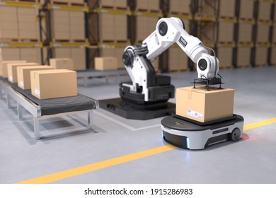 The Robot Arm Picks Up The Box To Autonomous Robot Transportation In Warehouses, Warehouse Automation Concept. 3D Illustration