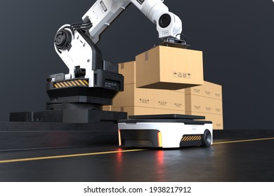 The Robot Arm Picks Up The Box To Autonomous Robot Transportation In Warehouses, Warehouse Automation Concept. 3D Illustration