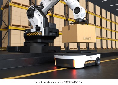 The Robot arm picks up the box to Autonomous Robot transportation in warehouses, Warehouse automation concept. 3D illustration