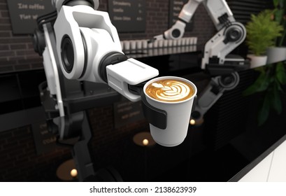 Robot arm serving hot coffee in a coffee shop. 3D illustration - Powered by Shutterstock