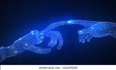 Robot arm touching human hand. Automatization, robotics, 4IR Fourth Industrial Revolution, AI artificial intelligence, smart contract agreement, blockchain and cryptocurrency, business network concept
