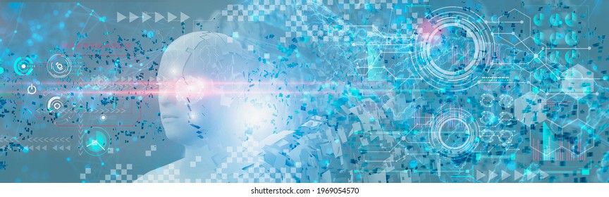 Robot Artificial intelligence or AI,research and analysis DNA in laboratory,digital deep learning technology,operating system,automated mechanical brain,shattered into pieces,3d render illustration