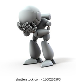 A robot with artificial intelligence that hangs on its head. It represents a mental conflict. White background. 3D illustration.