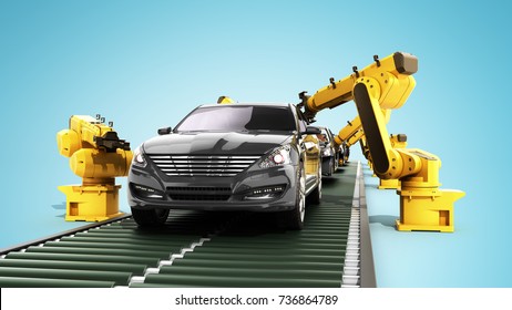 Robot Assembly Line In Car Factory 3d Render On Blue 