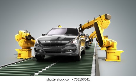 Robot Assembly Line In Car Factory 3d Render On Grey 