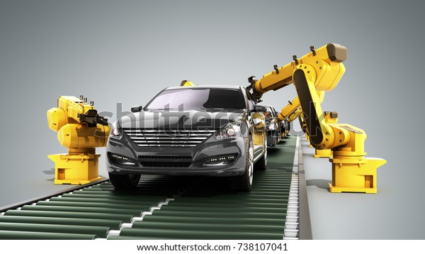 robot\
assembly line in car factory 3d render on grey\
