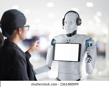 Robot assistant concept with 3d rendering humanoid robot with blank screen tablet communicate to human